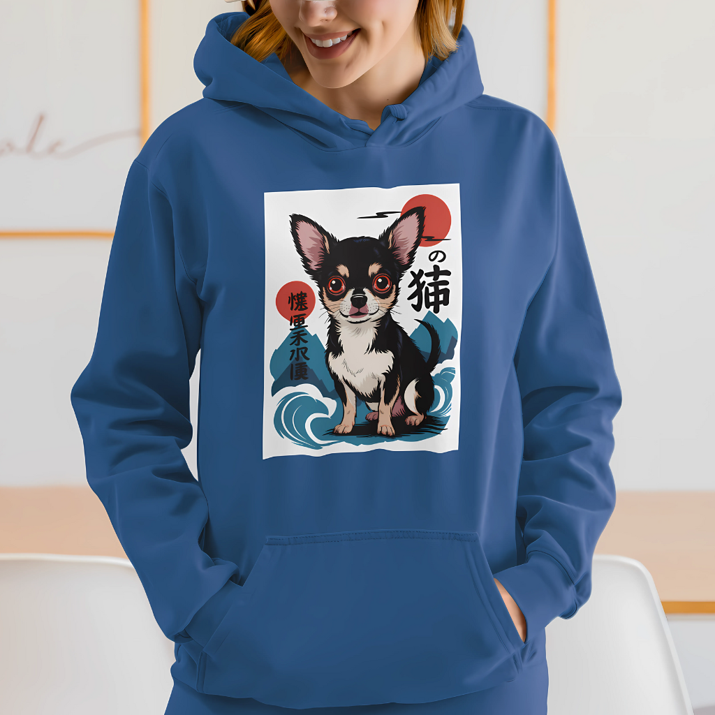 Smiling young woman wearing a Blue Hoodie printed with a Japanese wood block Illustration.