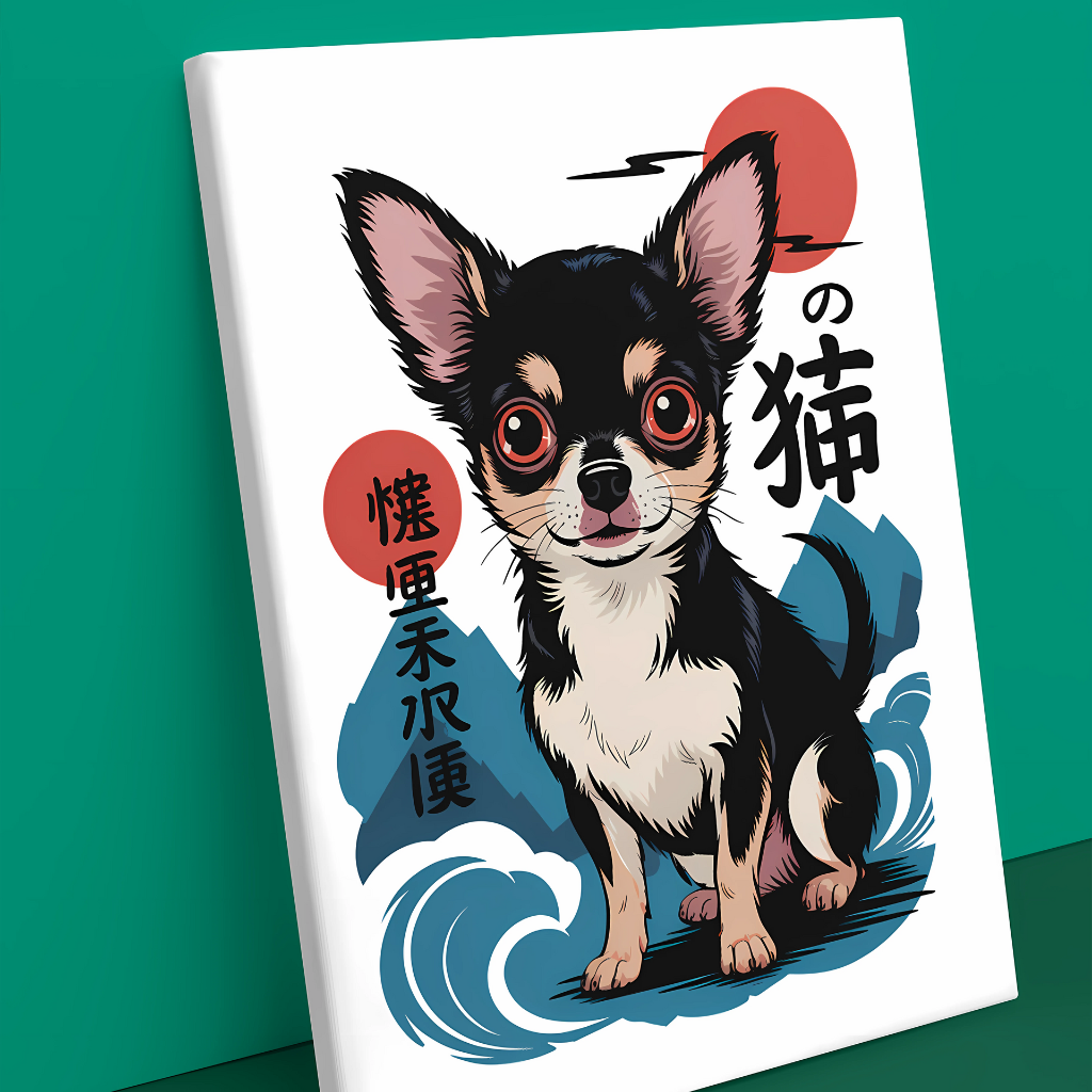 Photo of a Chihuahua Japanese Canvas Print inspired by traditional Ukiyo-e woodblock art, resting on a green wall.