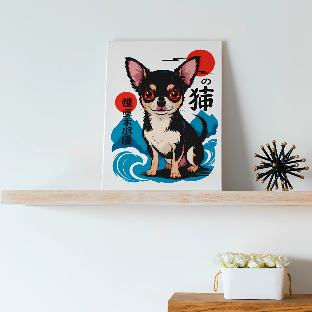 Photo of a Chihuahua Canvas Print inspired by Japanese traditional Ukiyo-e woodblock art, resting on a wooden shelf against a white wall.