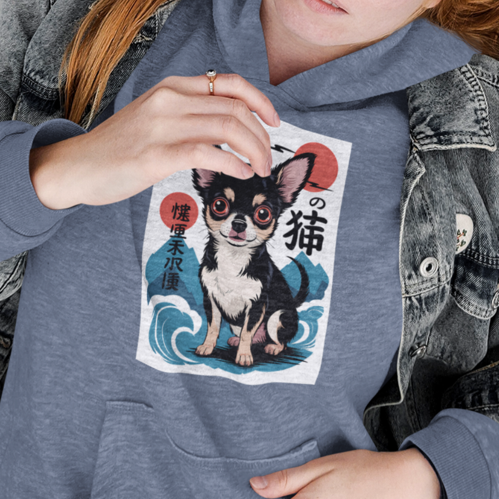 Smiling young woman wearing a Heather Blue Hoodie printed with a Japanese wood block Illustration.