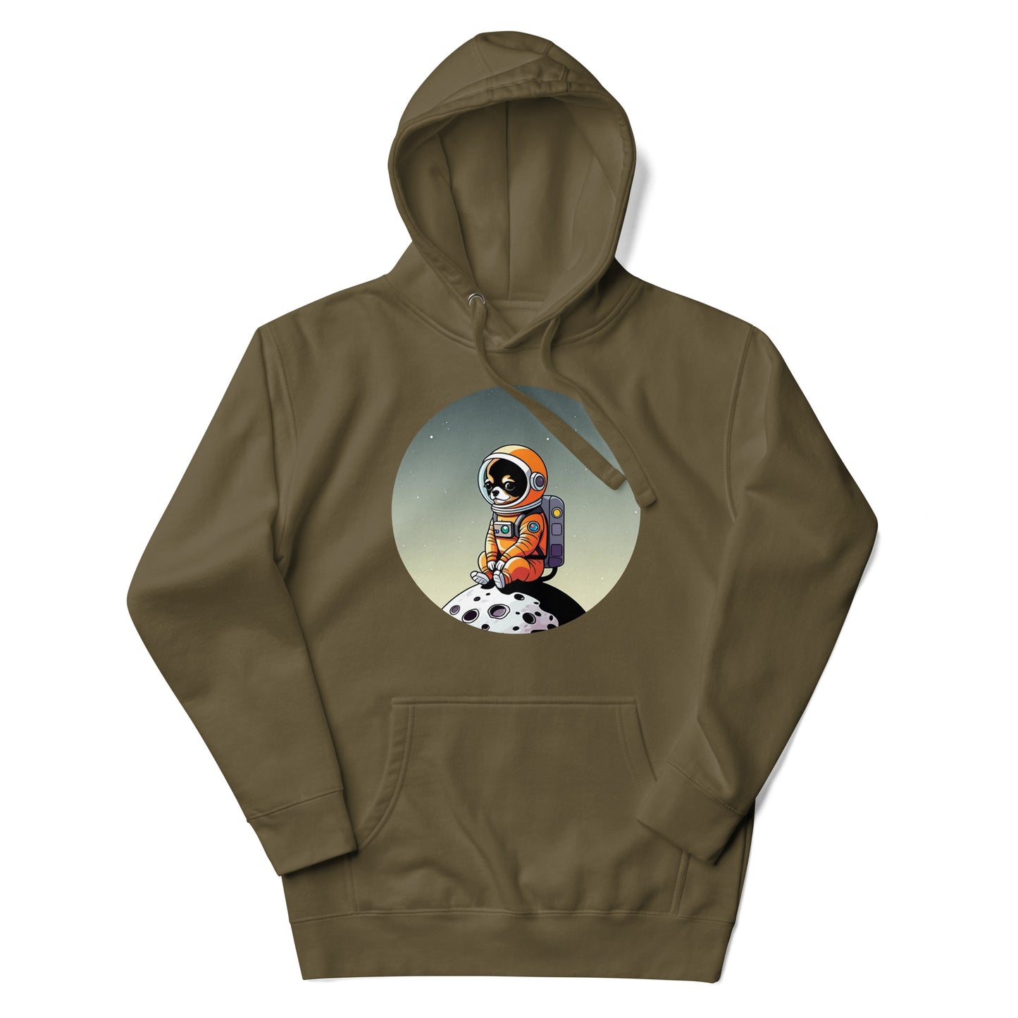 Photo of a military green color hoodie with a cute illustration printed on the chest of a Chihuahua dog wearing an astronaut suit siting in a little moon.