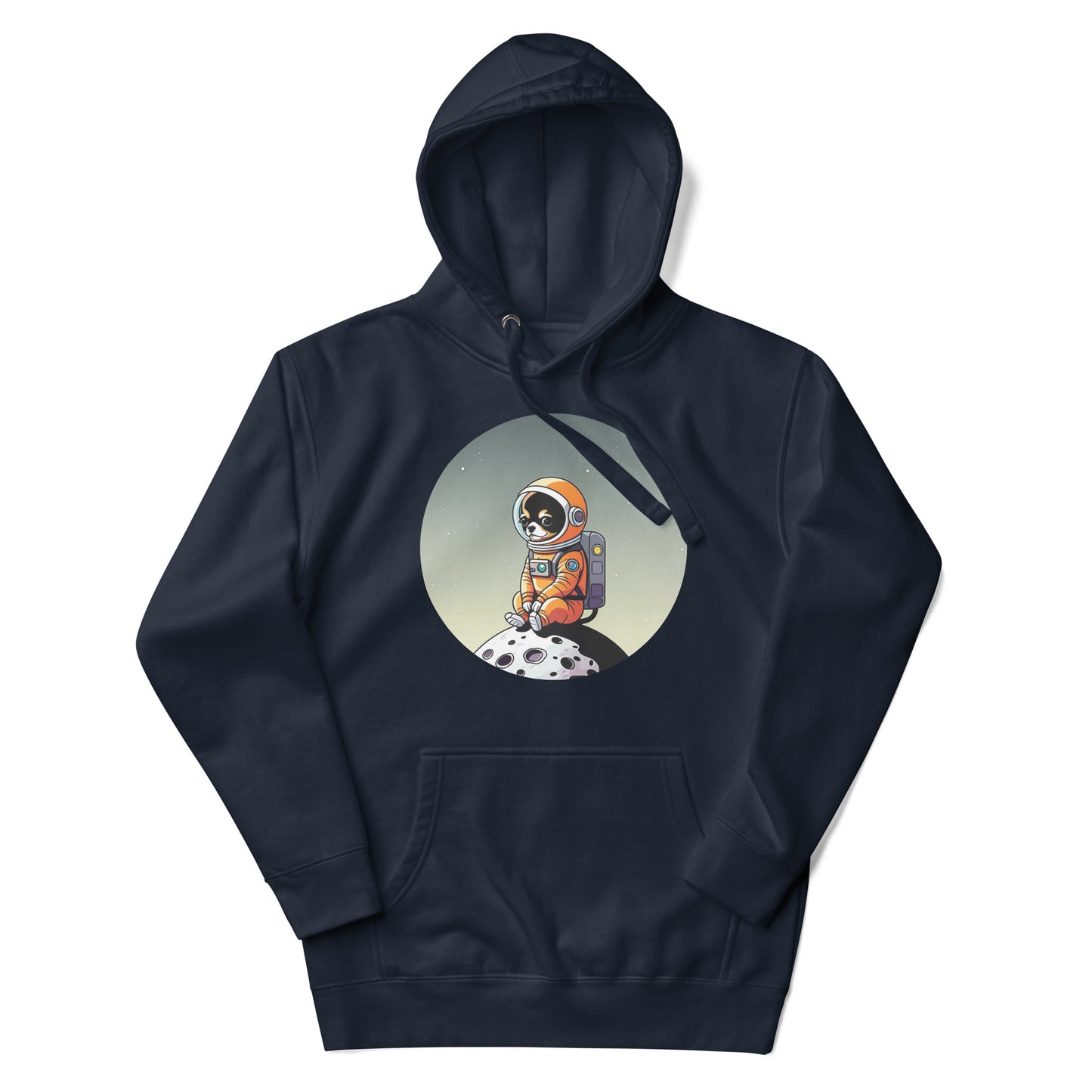 Photo of a navy blue color hoodie with a cute illustration printed on the chest of a Chihuahua dog wearing an astronaut suit siting in a little moon.