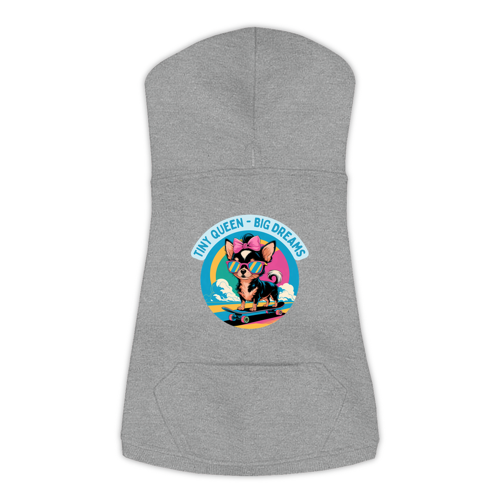 Photo of  a Heather Grey small dog hoodie with a playful and fun design, featuring a skate boarding Chihuahua in a bright colored illustration.