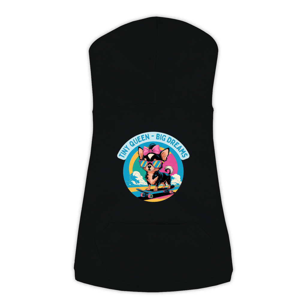 Photo of  a black small dog hoodie with a playful and fun design, featuring a skate boarding Chihuahua in a bright colored illustration.