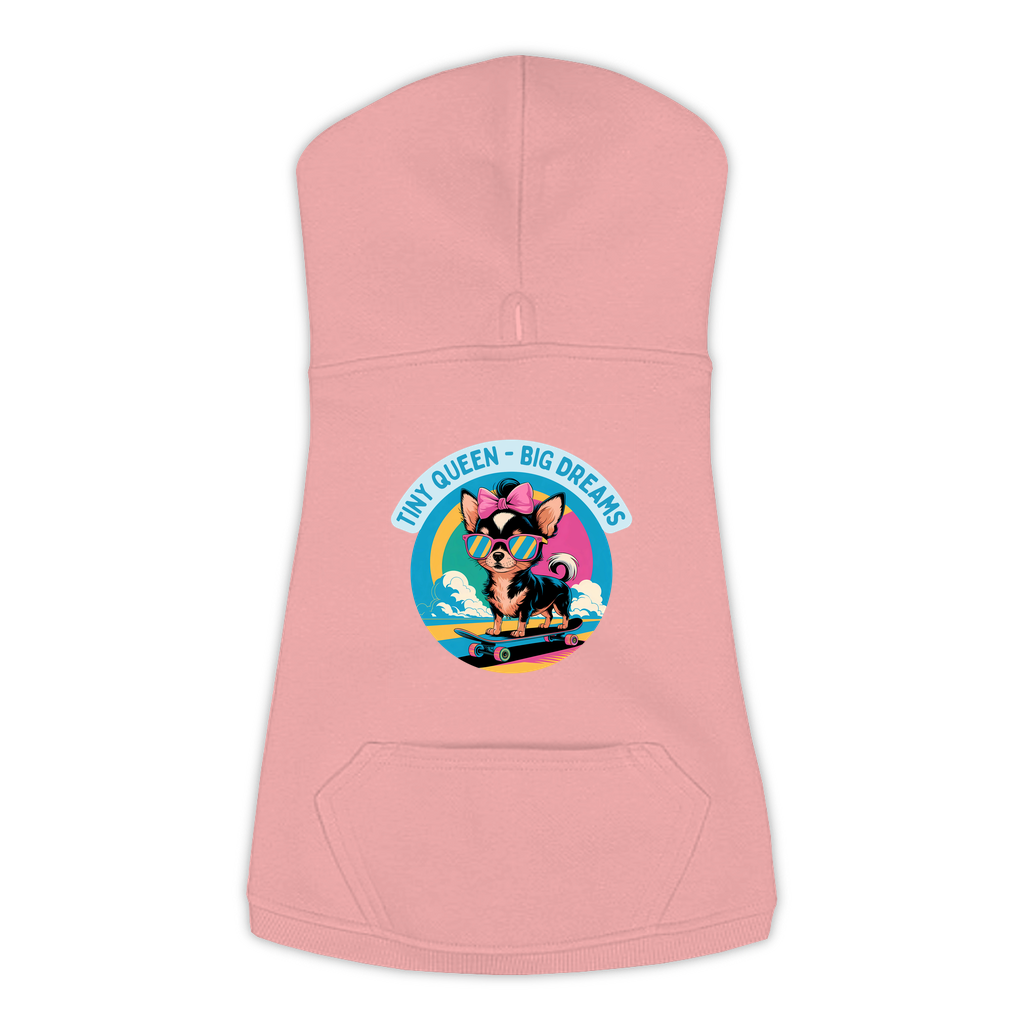 Photo of  a pink small dog hoodie with a playful and fun design, featuring a skate boarding Chihuahua in a bright colored illustration.
