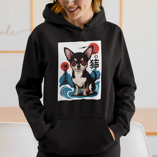 Smiling young woman wearing a Black Hoodie printed with a Japanese wood block Illustration.