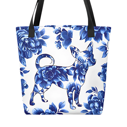 'FLORAL BLUE CHIHUAHUA' - Tote Bag