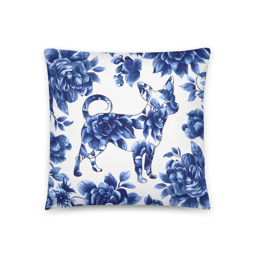 Photo of a 18x18 inches throw Pillow printed with a floral motif of a Chihuahua silhouette with painted blue flowers.