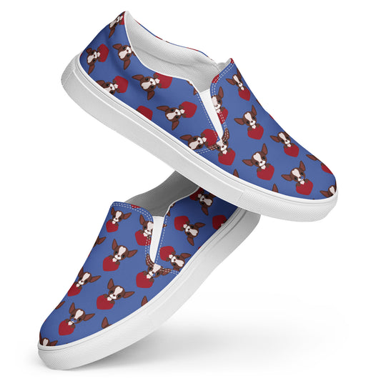 Product image of a pair of Blue women's canvas shoes with a Chihuahua themed pattern.