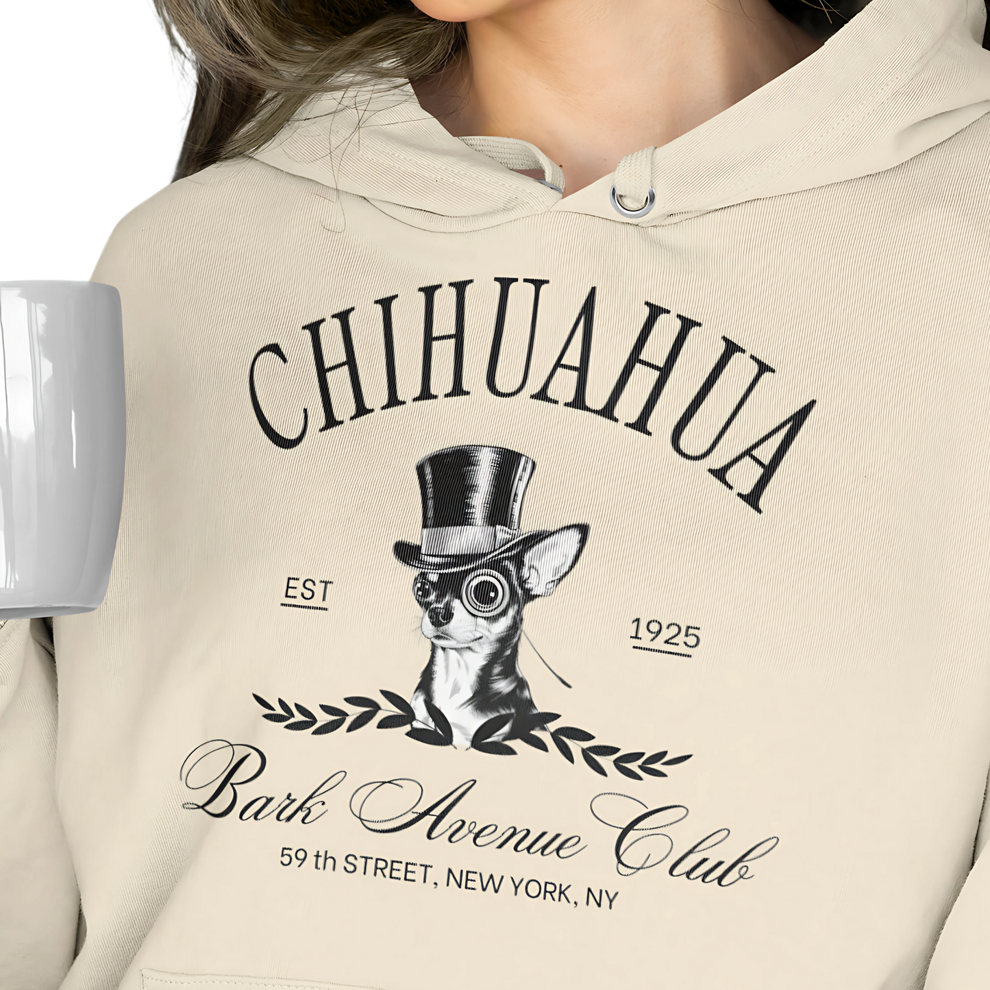 Front image of a cream color sweatshirt with unique and whimsical “Chihuahua Bark Avenue Club” design printed on front.