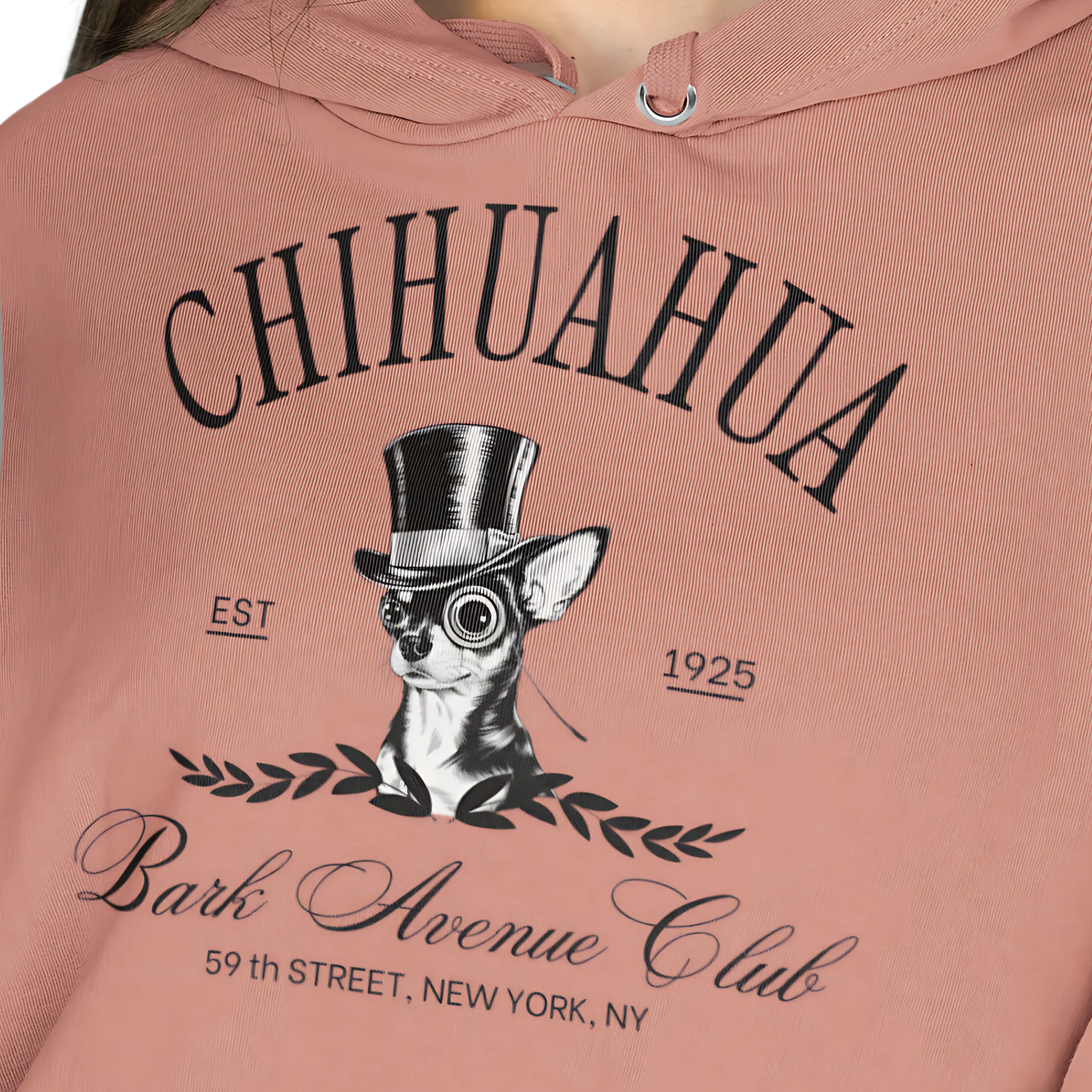 Front image of a rose color sweatshirt with unique and whimsical “Chihuahua Bark Avenue Club” design printed on front.