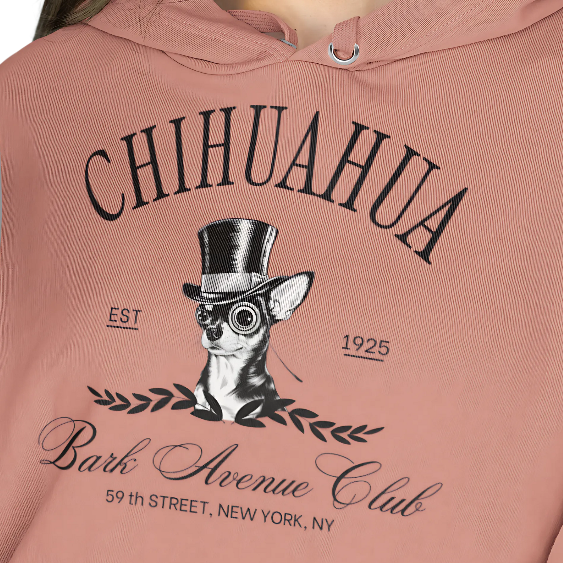Front image of a rose color sweatshirt with unique and whimsical “Chihuahua Bark Avenue Club” design printed on front.