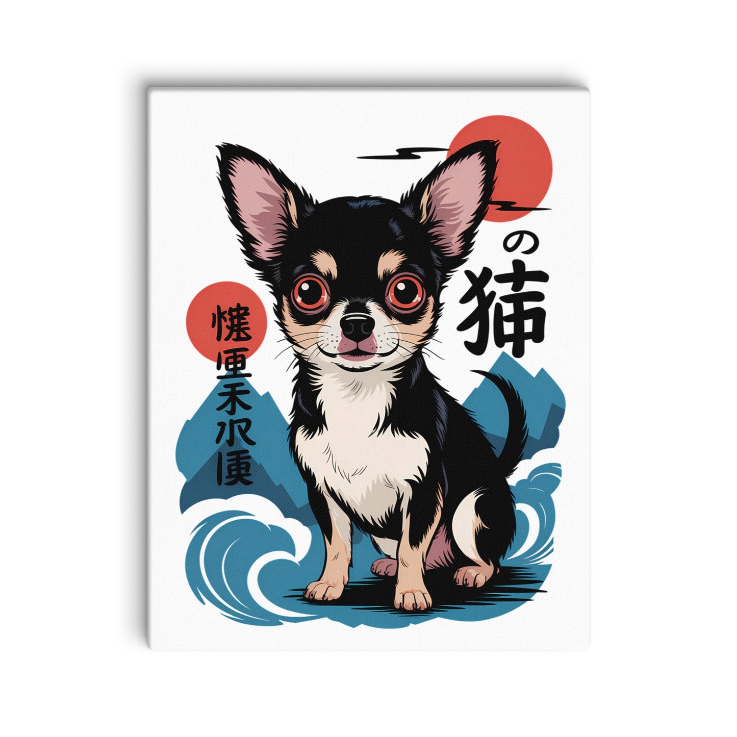 Photo of a Chihuahua Canvas Print inspired by Japanese traditional Ukiyo-e woodblock art, hanging on a white wall.