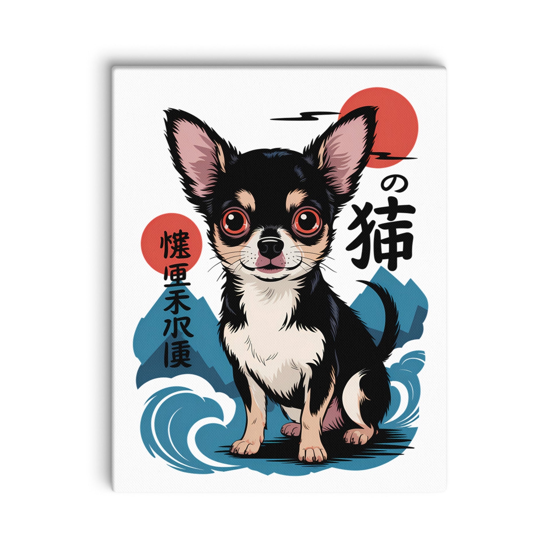Photo of a Chihuahua Canvas Print inspired by Japanese traditional Ukiyo-e woodblock art, hanging on a white wall.