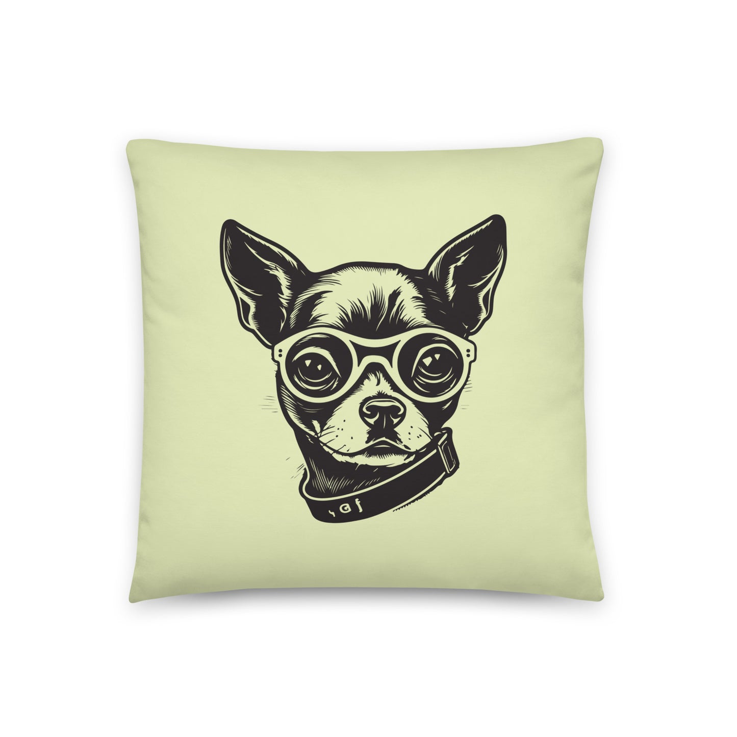 Green pillow printed with a black ink illustration of a modern chihuahua with glasses