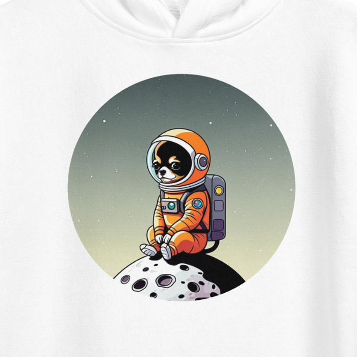 Close up photo of a white color hoodie with a cute illustration printed on the chest of a Chihuahua dog wearing an astronaut suit siting in a little moon.