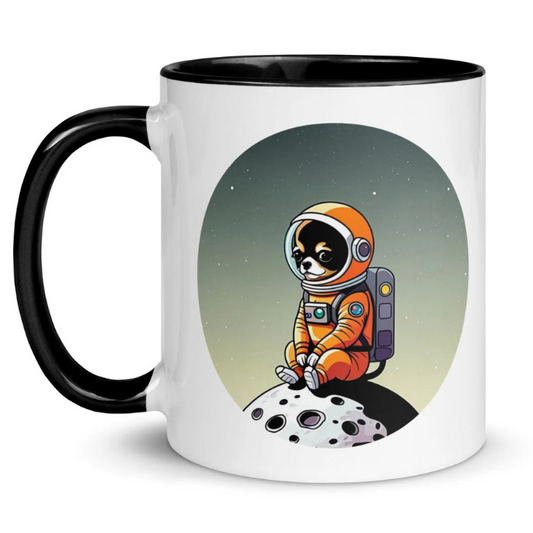 Image of an 15 oz white mug with a print of an adorable chihuahua dog illustration wearing an astronaut suit sitting on a small moon.