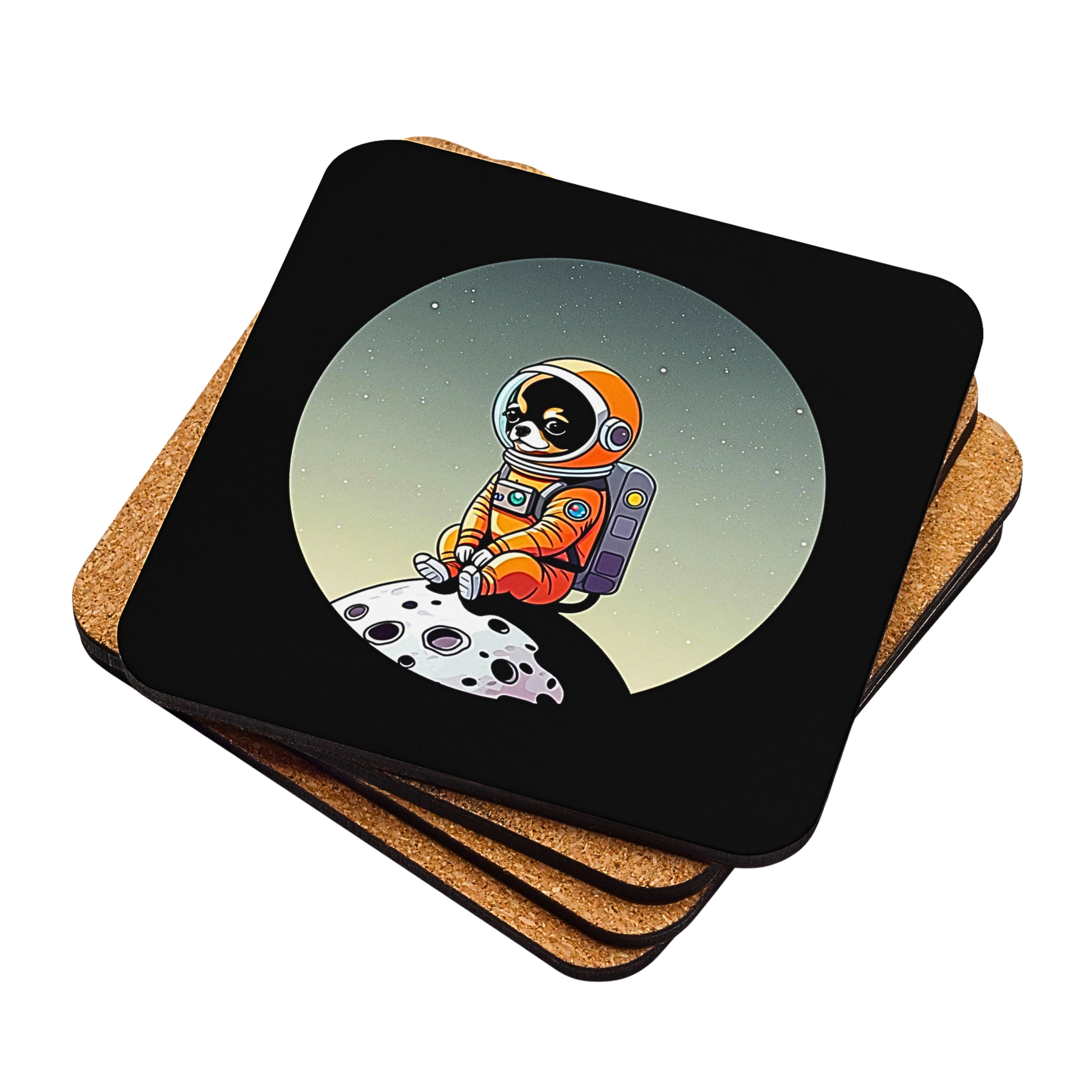 Photo of a stack of 4 square black coasters printed with a cute illustration of a Chihuahua dog wearing an astronaut suit sitting on a small moon.