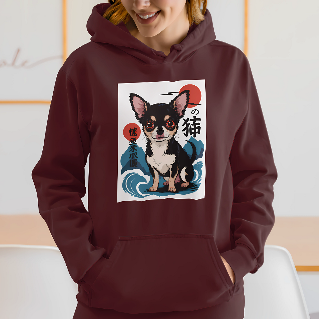 Smiling young woman wearing a Maroon Hoodie printed with a Japanese wood block Illustration.