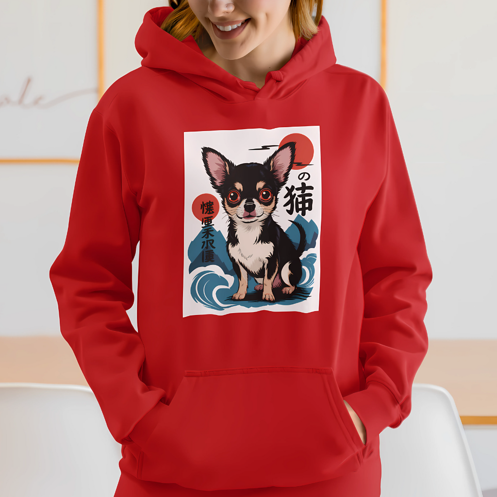 Smiling young woman wearing a Red Hoodie printed with a Japanese wood block Illustration.