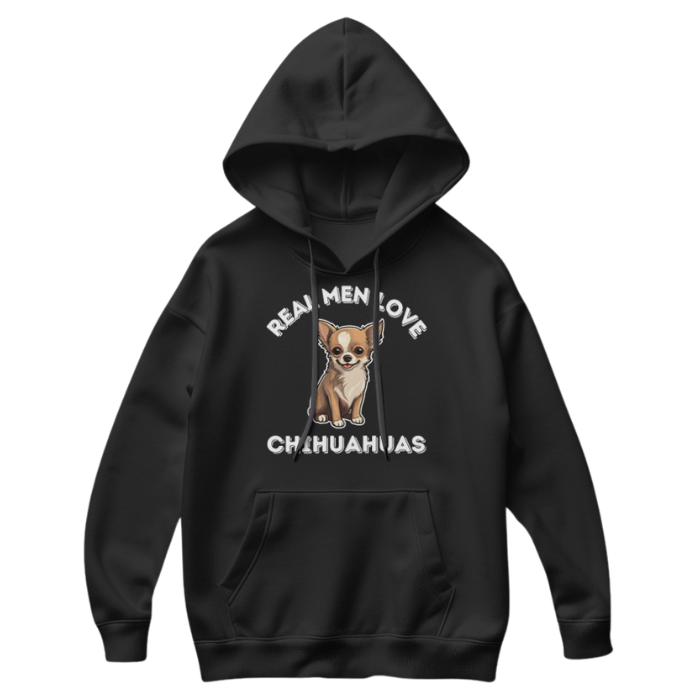 Photo of a Black Color Hoodie with artwork depicting a cute Chihuahua dog illustration surrounded by white letters that say "REAL MEN LOVE CHIHUAHUAS".