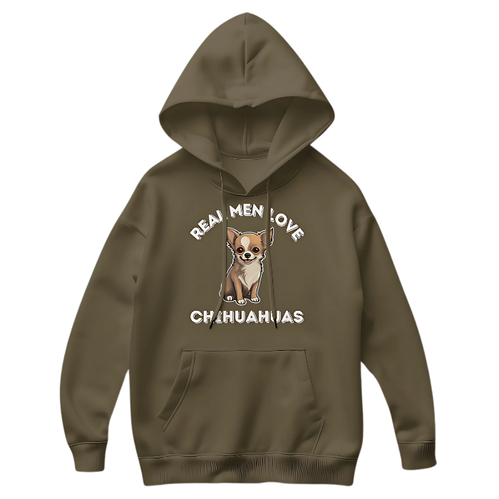 Photo of a Green Color Hoodie with artwork depicting a cute Chihuahua dog illustration  surrounded by white letters that say "REAL MEN LOVE CHIHUAHUAS".