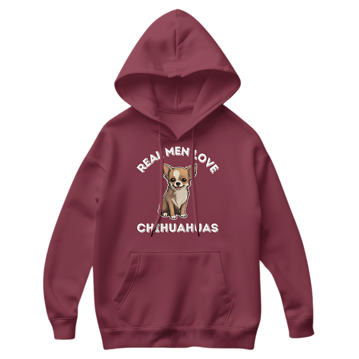 Photo of a Red Color Hoodie with artwork depicting a cute Chihuahua dog illustration surrounded by white letters that say "REAL MEN LOVE CHIHUAHUAS".