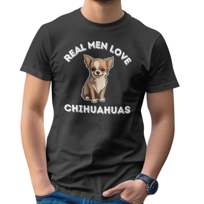 Image of a young man wearing a black color t-shirt with a print that says 'REAL MEN LOVE CHIHUAHUAS" with a fun illustration of a Chihuahua in it.