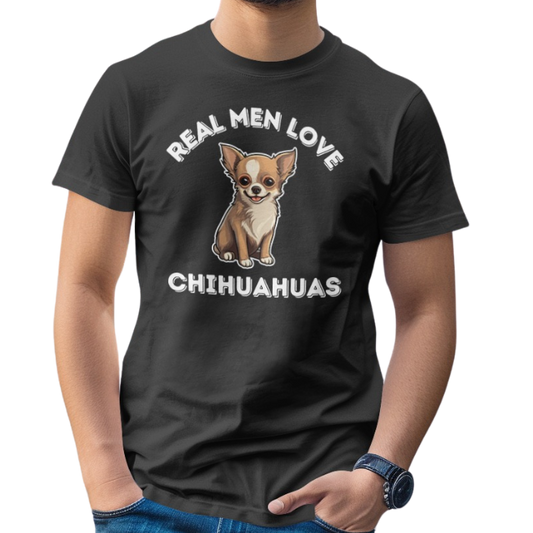 Image of a young man wearing a black color t-shirt with a print that says 'REAL MEN LOVE CHIHUAHUAS" with a fun illustration of a Chihuahua in it.