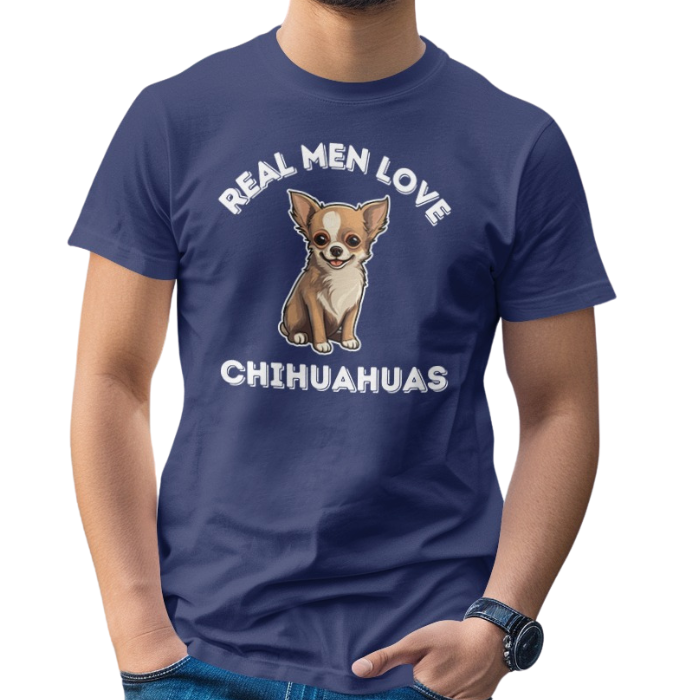 Image of a young man wearing a blue color t-shirt with a print that says 'REAL MEN LOVE CHIHUAHUAS" with a fun illustration of a Chihuahua in it.