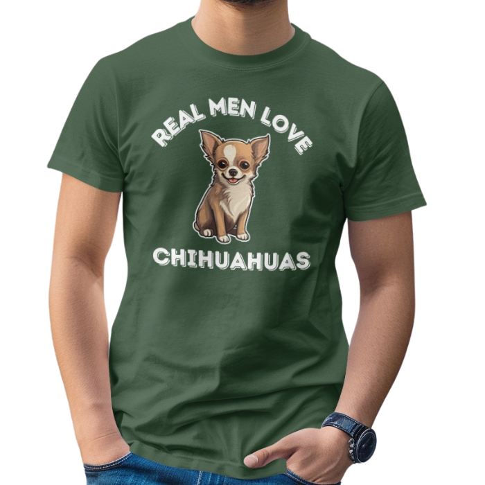 Image of a young man wearing a green  color t-shirt with a print that says 'REAL MEN LOVE CHIHUAHUAS" with a fun illustration of a Chihuahua in it.