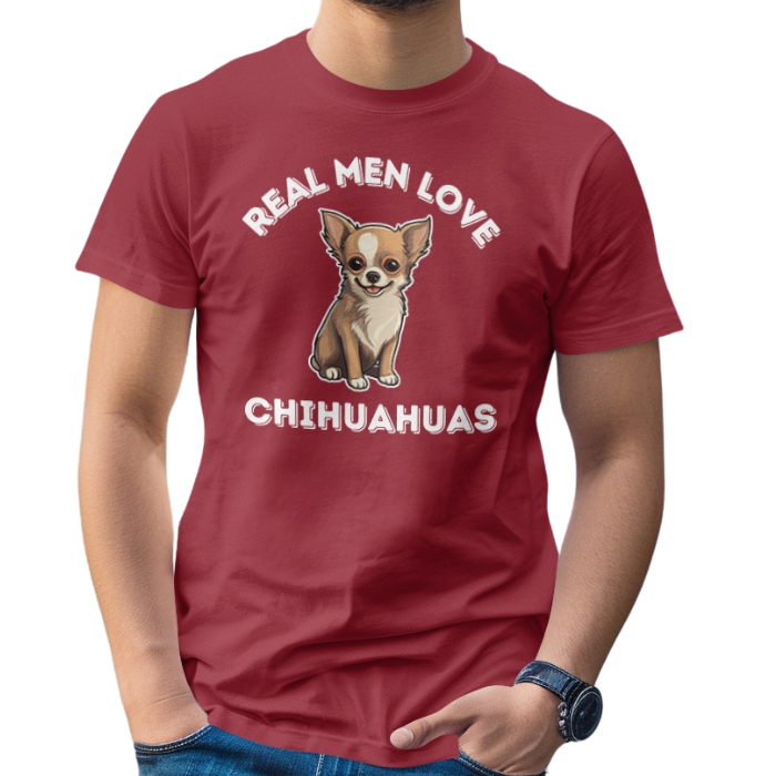 red color t-shirt with a print that says 'REAL MEN LOVE CHIHUAHUAS" with a fun illustration of a Chihuahua in it.