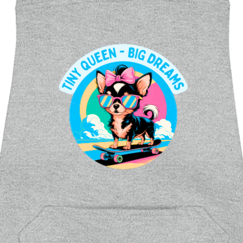 Closeup image of  a Heather Grey small dog hoodie with a playful and fun design, featuring a skate boarding Chihuahua in a bright colored illustration.