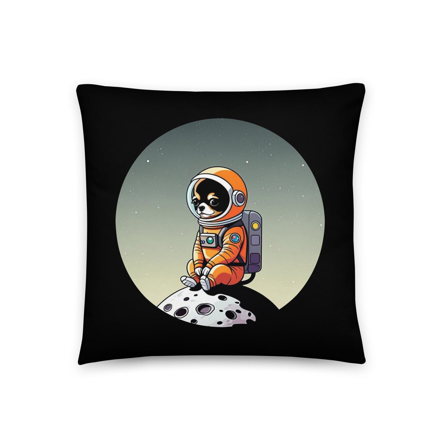 Photo of a black color 18x18 inches throw pillow with a cute illustration of a  Chihuahua dog wearing an astronaut suit, sitting on a small moon.