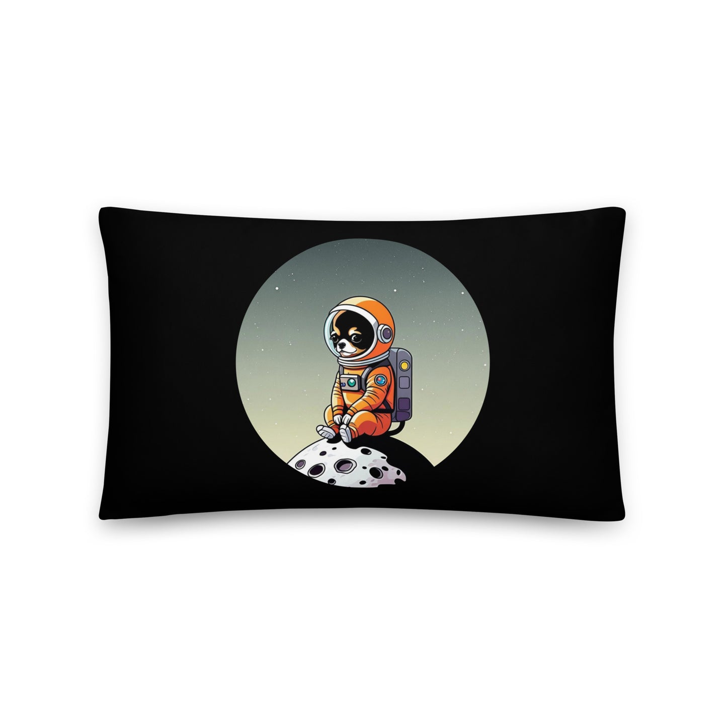 Photo of a black color 20x12 inches throw pillow with a cute illustration of a  Chihuahua dog wearing an astronaut suit, sitting on a small moon.