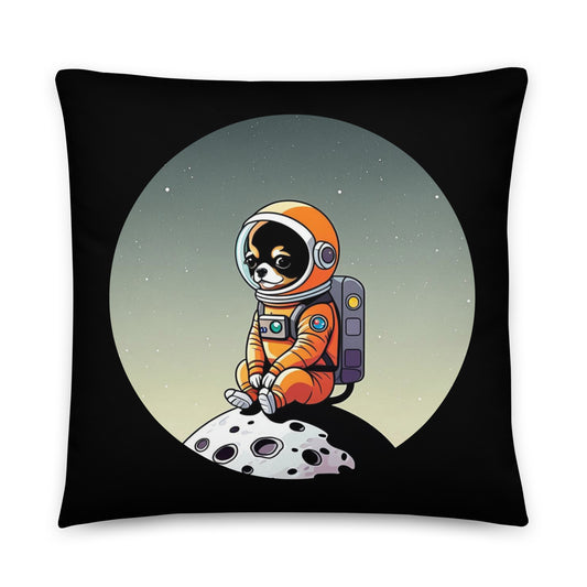 Photo of a black color 22x22 inches throw pillow with a cute illustration of a  Chihuahua dog wearing an astronaut suit, sitting on a small moon.