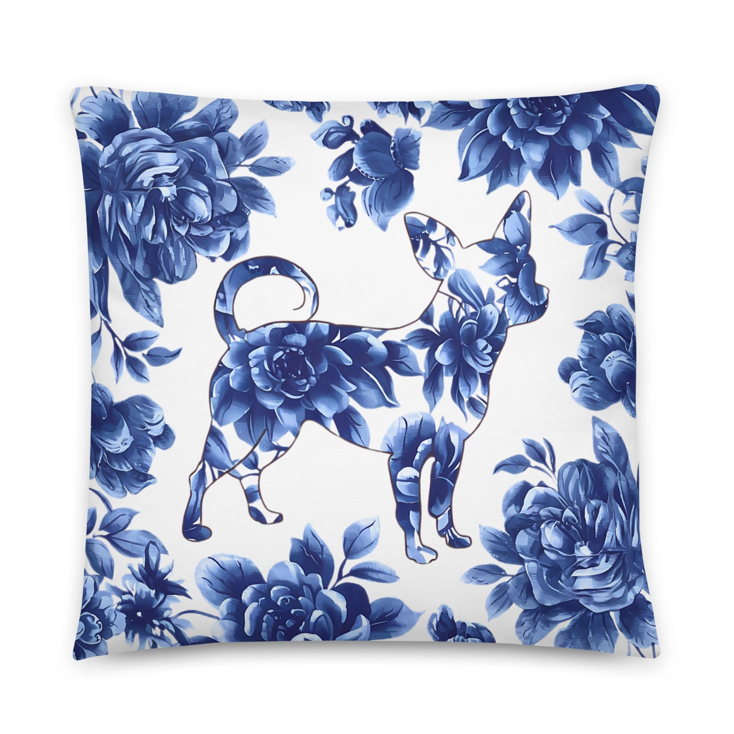 Photo of a 22x22 inches throw Pillow printed with a floral motif of a Chihuahua silhouette with painted blue flowers.