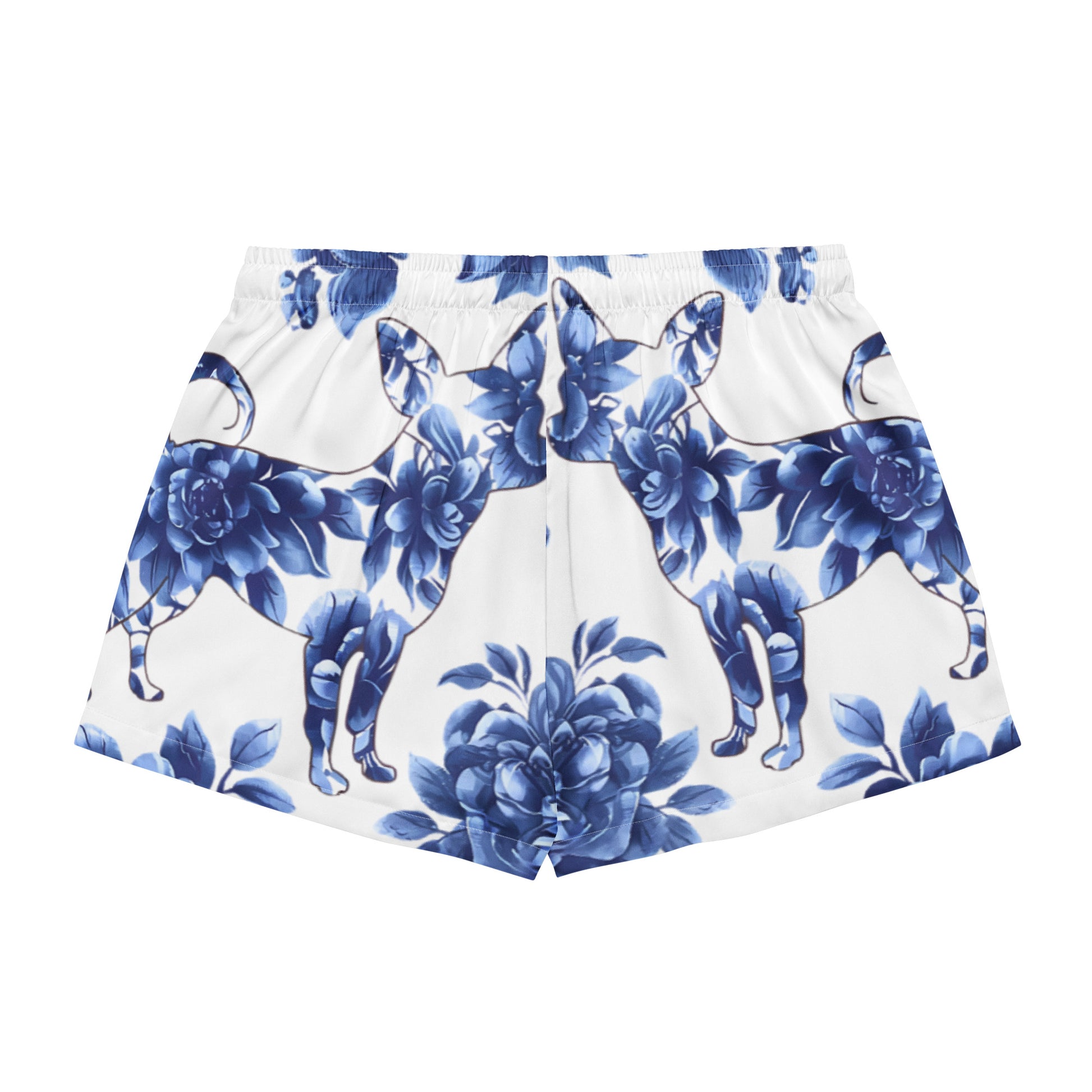 Photo of a pair of white color women's shorts printed with a blue floral motif. also featuring a Chihuahua silhouette adorned with blue flowers.