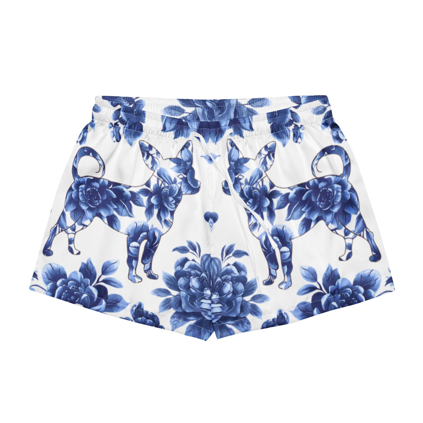 Photo of a pair of white color women's shorts printed with a blue floral motif. also featuring a Chihuahua silhouette adorned with blue flowers.