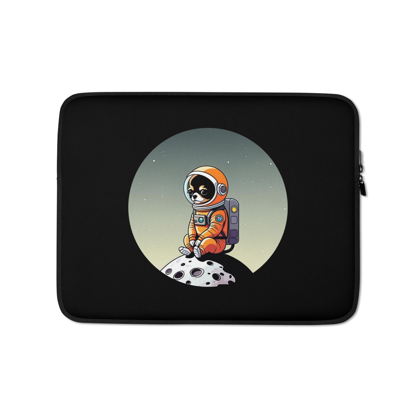 Photo of a black 13 inches laptop case printed with a cute illustration of a Chihuahua dog wearing an astronaut suit sitting on a small moon.