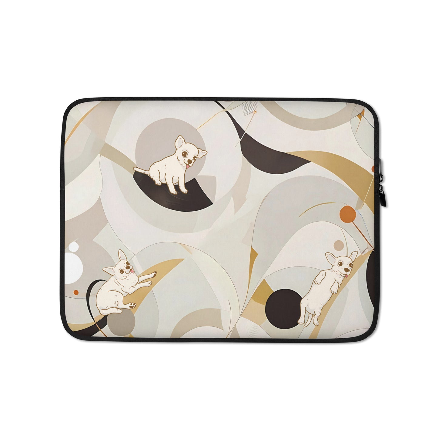 Image of a 13 inches beige laptop sleeve featuring a Mid-Century all over print with whimsical Chihuahuas in the design.
