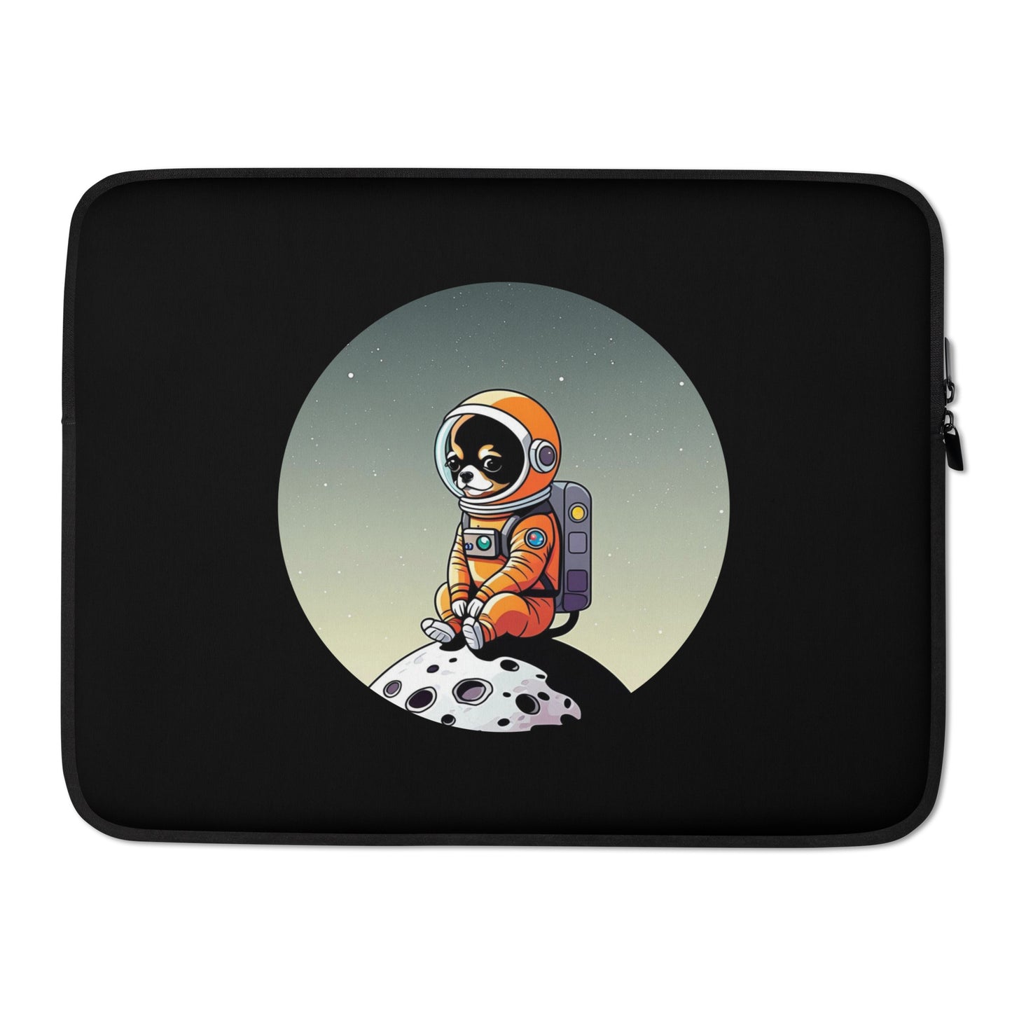 Photo of a black 15 inches laptop case printed with a cute illustration of a Chihuahua dog wearing an astronaut suit sitting on a small moon.