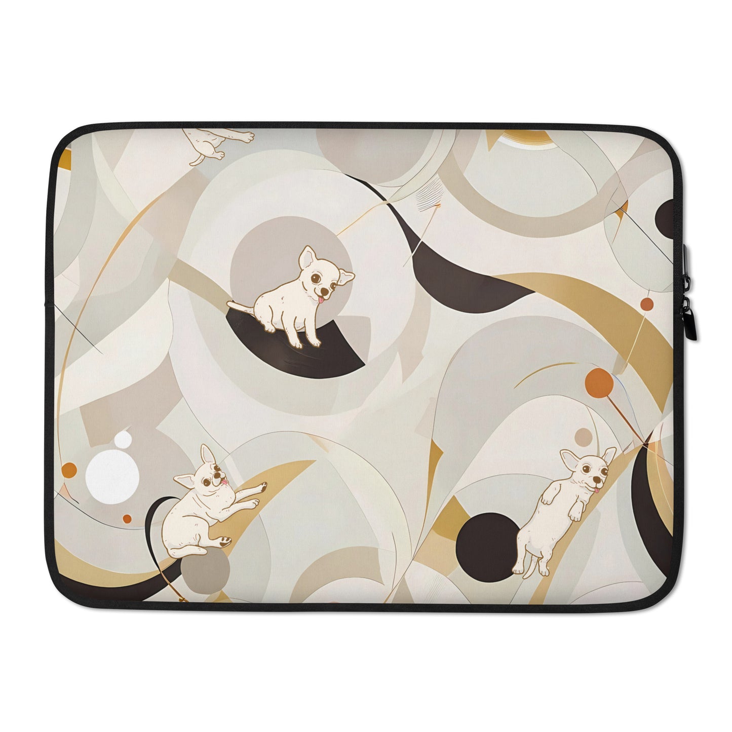 Image of a 15 inches beige laptop sleeve featuring a Mid-Century all over print with whimsical Chihuahuas in the design.