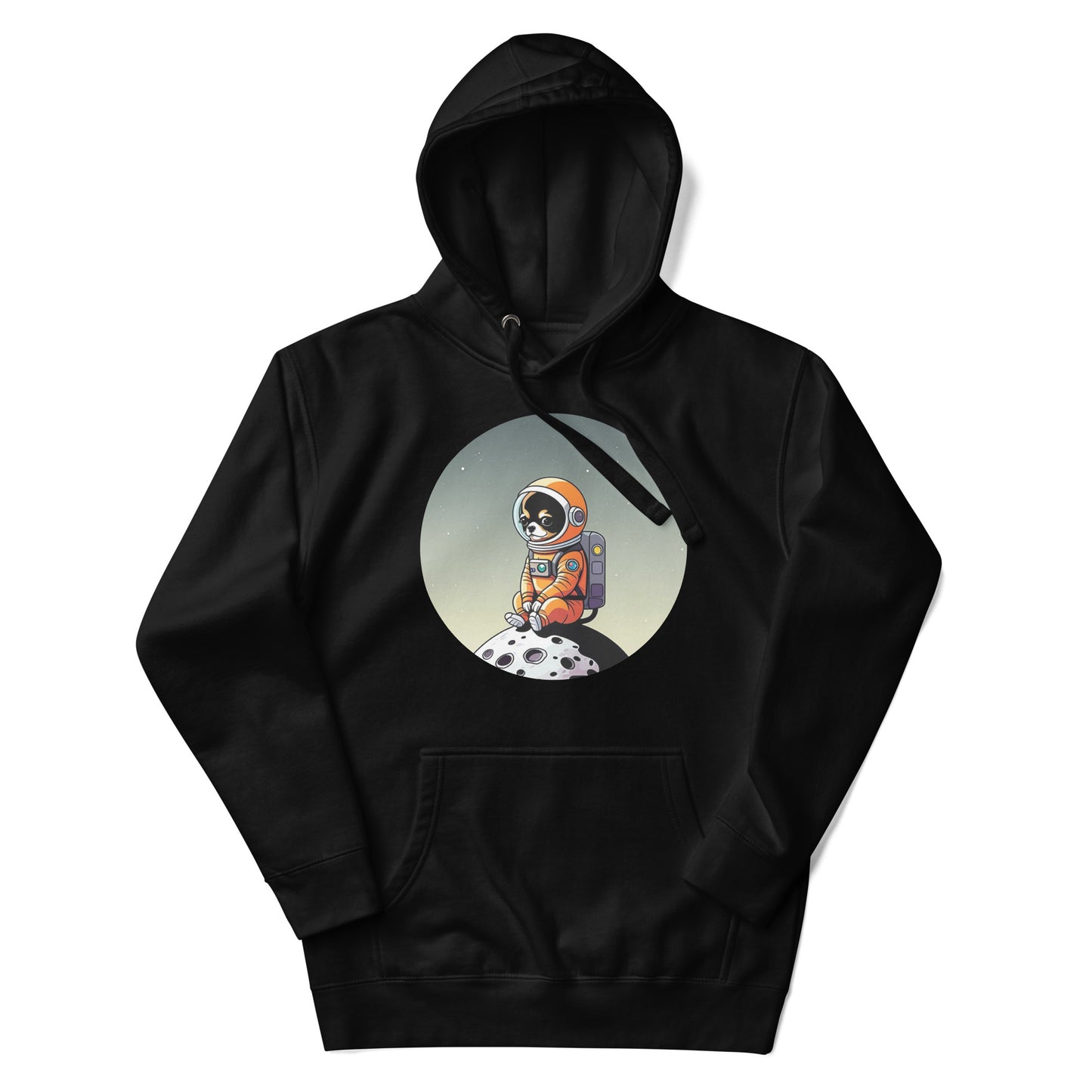 Photo of a black color hoodie with a cute illustration printed on the chest of a Chihuahua dog wearing an astronaut suit siting in a little moon.