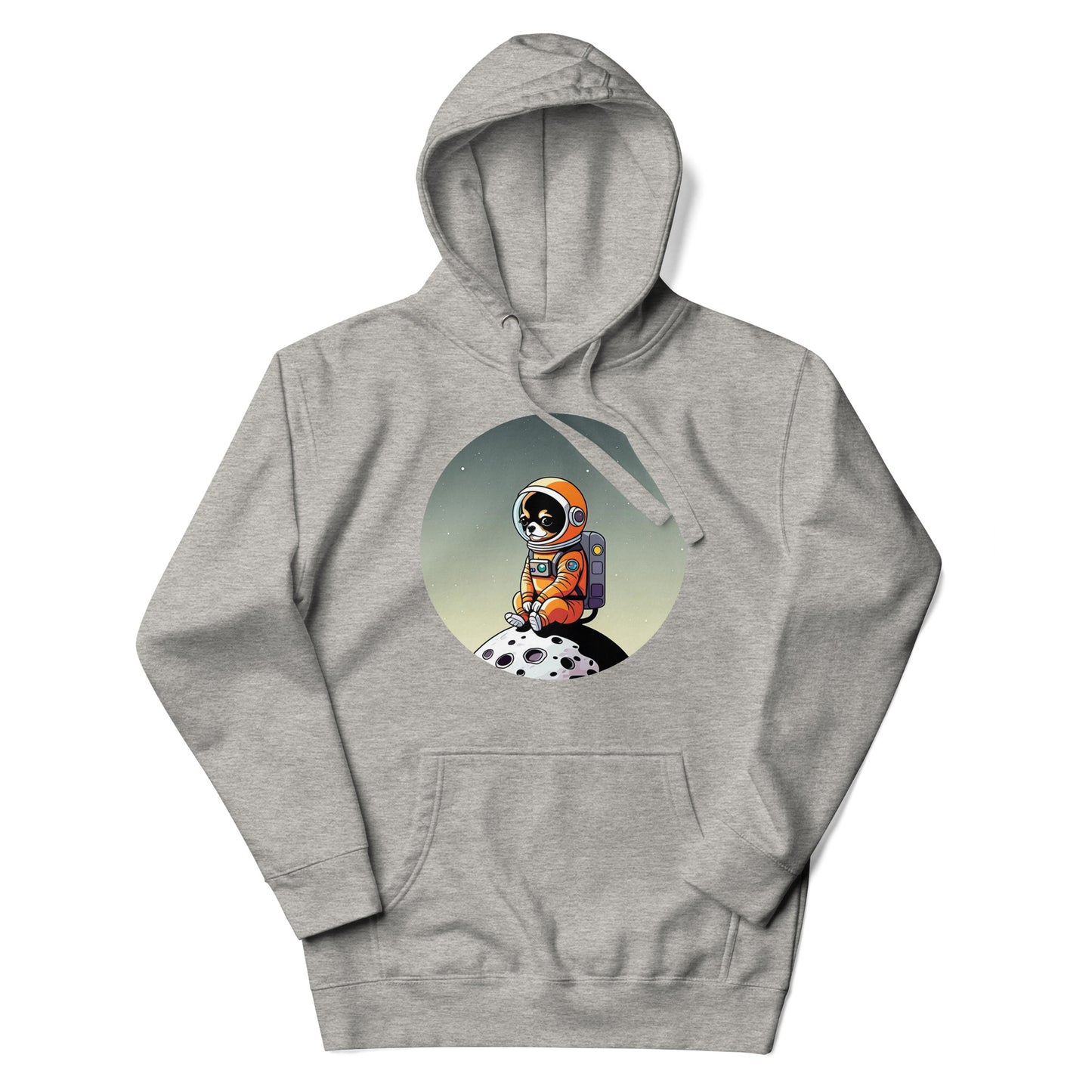 Image of a heather grey color hoodie with a cute illustration printed on the chest of a Chihuahua dog wearing an astronaut suit siting in a little moon.