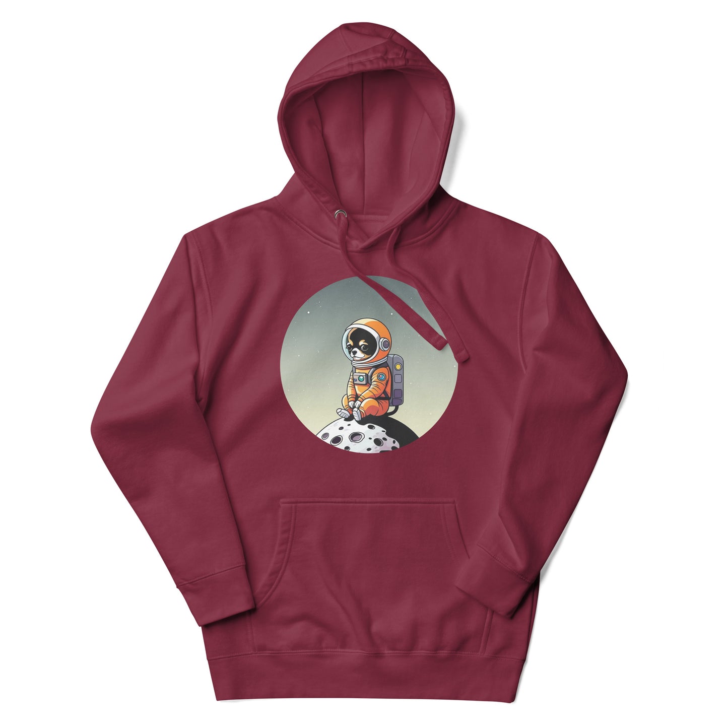 red color hoodie with a cute illustration printed on the chest of a Chihuahua dog wearing an astronaut suit siting in a little moon.