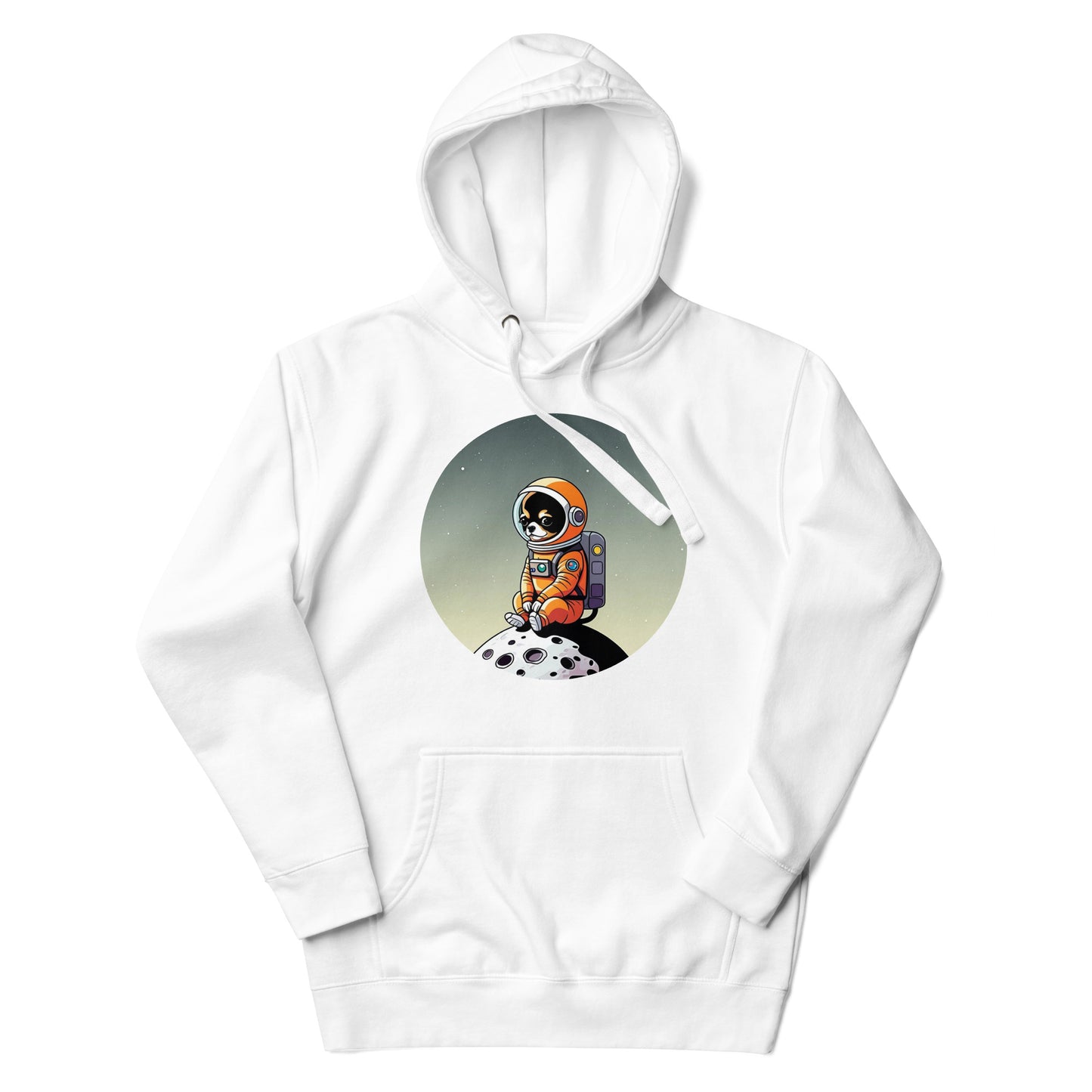 Image of a white color hoodie with a cute illustration printed on the chest of a Chihuahua dog wearing an astronaut suit siting in a little moon.