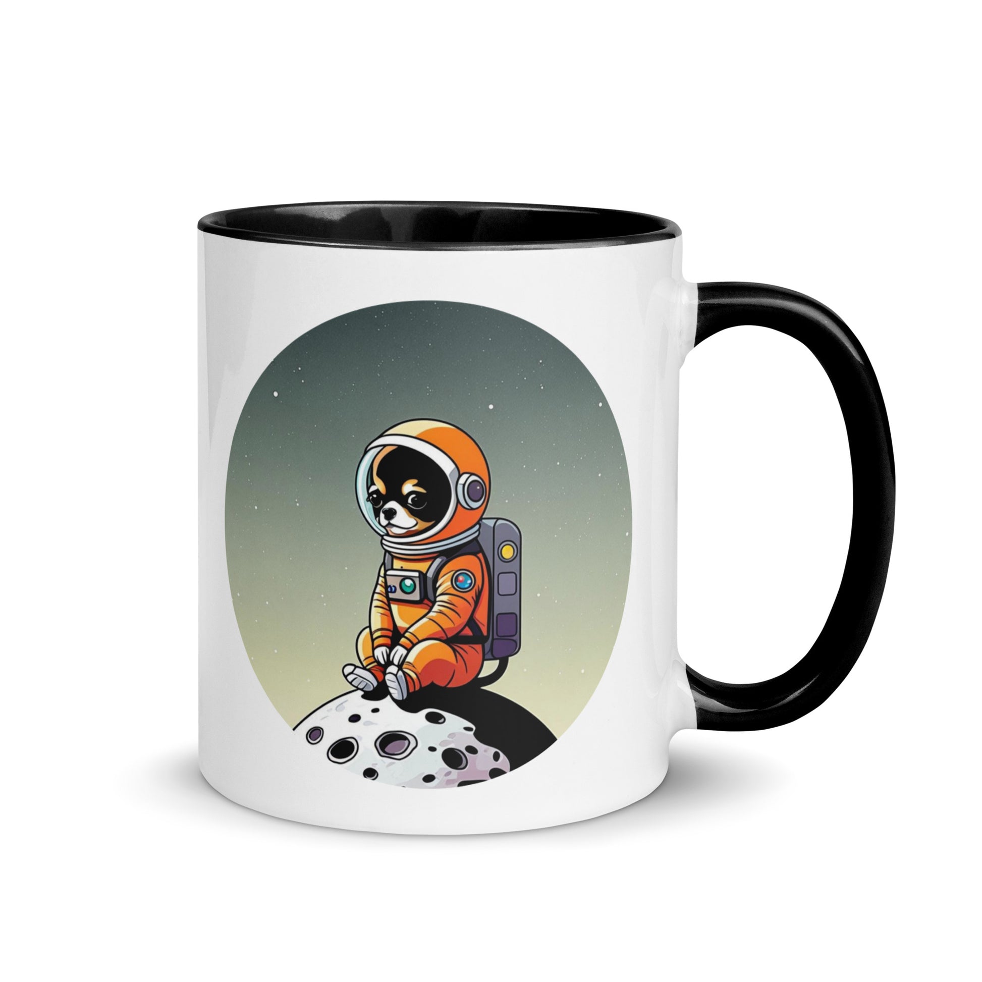 Image of an 11 oz white mug with a print of an adorable chihuahua dog illustration wearing an astronaut suit sitting on a small moon.