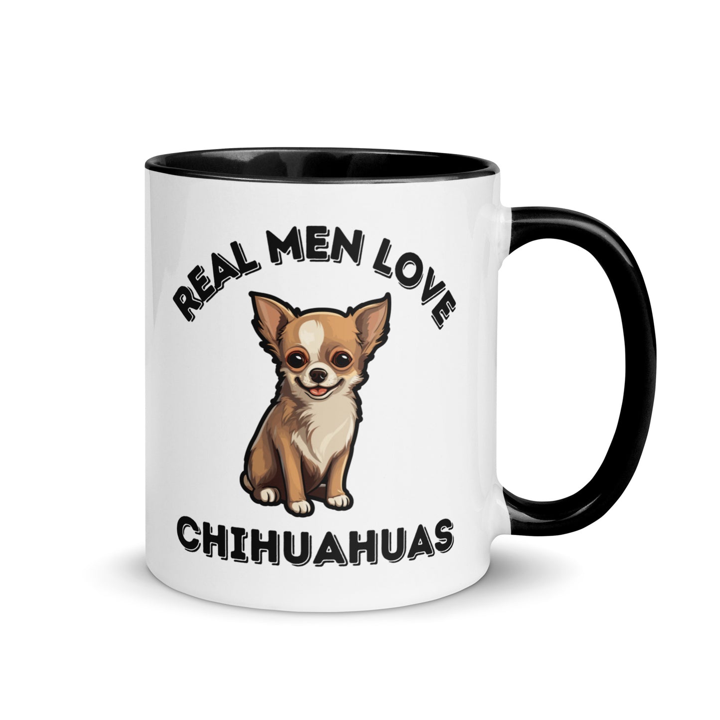 Photo of a white 11 oz mug with a Chihuahua Illustration and the words "Real Men Love Chihuahuas" printed in black  around it.