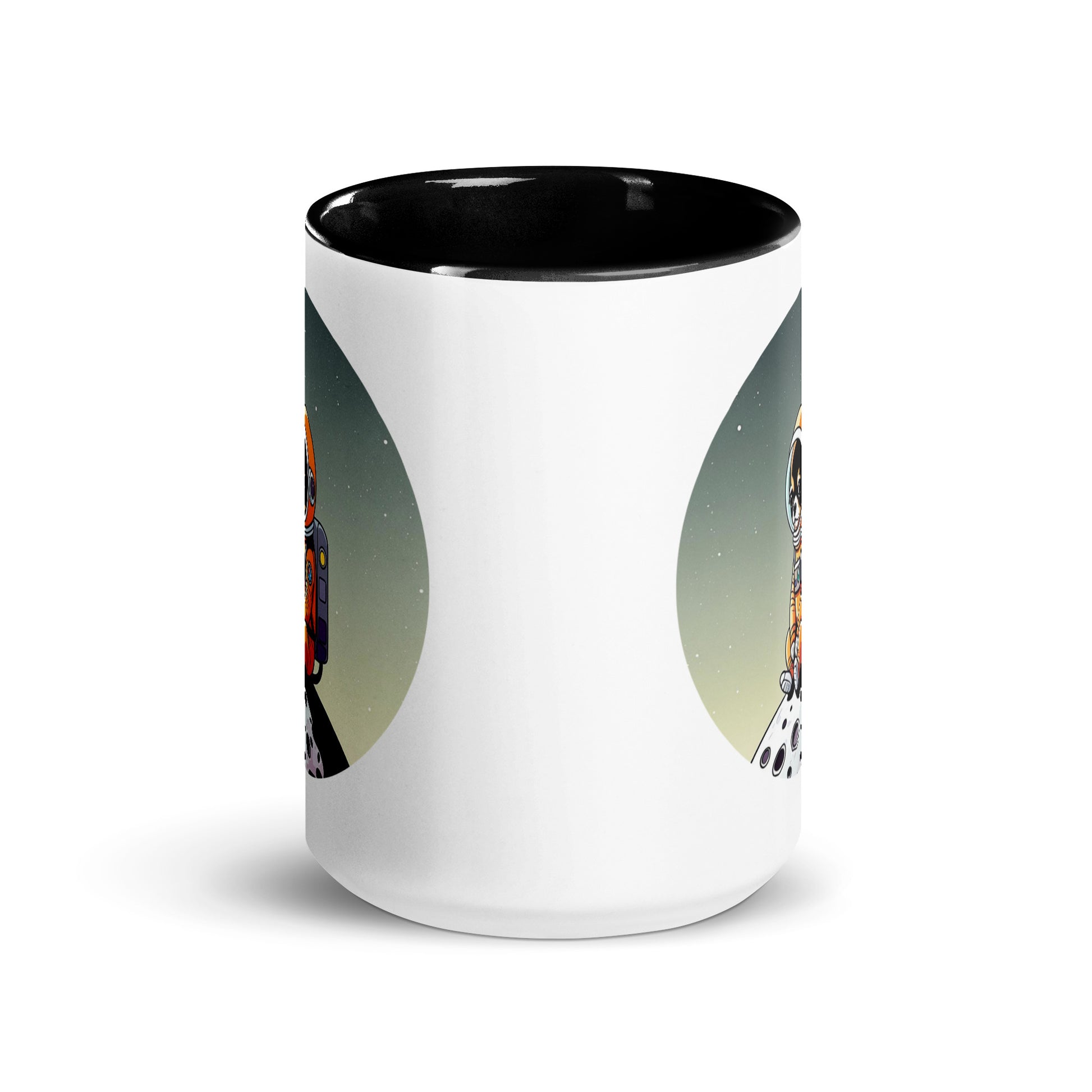 Side mage of an 11 oz white mug with a print on both sides, of an adorable chihuahua dog illustration wearing an astronaut suit sitting on a small moon.